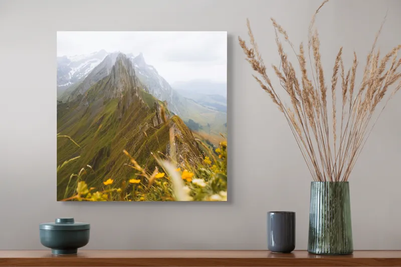 Tablou Canvas, "Culmile înzăpezite ale verii alpine", Munți, Norii, Vârfuri, Verdeață, Flori, Perspectivă, Peisaj, Natură, Alpin, Întindere, 50 x 50 cm – poza 4