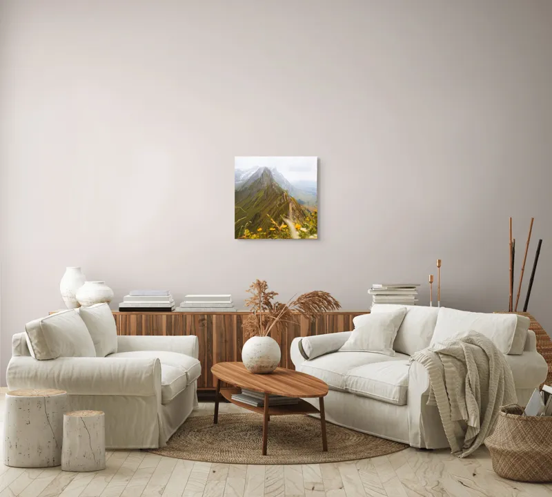 Tablou Canvas, "Culmile înzăpezite ale verii alpine", Munți, Norii, Vârfuri, Verdeață, Flori, Perspectivă, Peisaj, Natură, Alpin, Întindere, 50 x 50 cm – poza 7