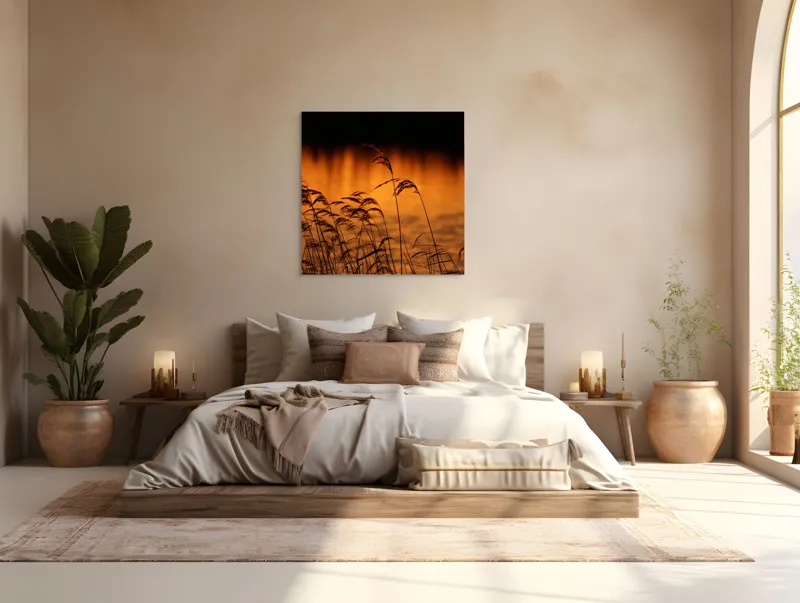 Tablou Canvas, "Tăcerea apusului peste trestii liniștite", Aur, Apus, Siluete, Trestii, Reflecție, Apă, Serenitate, Natură, Cald, Lumină, 100 x 100 cm – poza 4