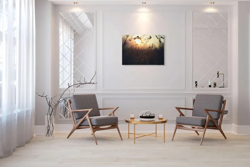 Tablou Canvas, "Lumina apusului printre tulpini uscate", Apus, Lumină, Siluete, Natură, Răsfrângere, Serenitate, Încântare, Delicatețe, 100 x 70 cm – poza 5