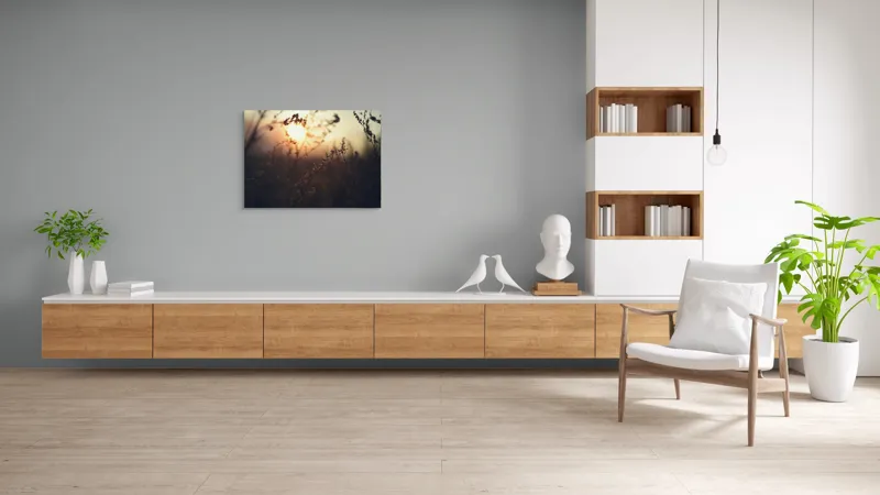 Tablou Canvas, "Lumina apusului printre tulpini uscate", Apus, Lumină, Siluete, Natură, Răsfrângere, Serenitate, Încântare, Delicatețe, 100 x 70 cm – poza 6