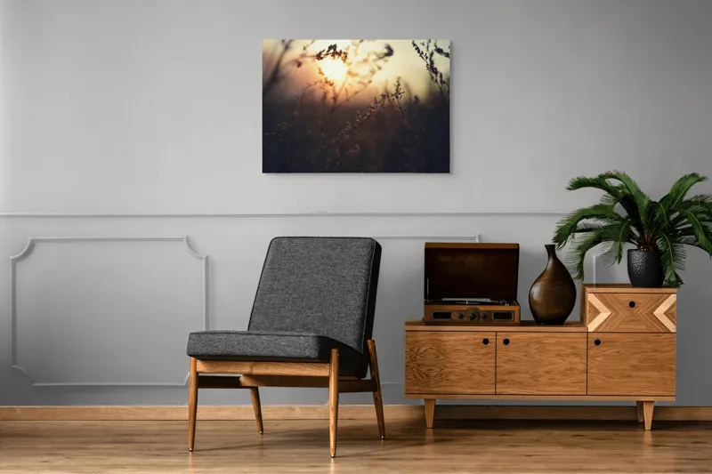 Tablou Canvas, "Lumina apusului printre tulpini uscate", Apus, Lumină, Siluete, Natură, Răsfrângere, Serenitate, Încântare, Delicatețe, 100 x 70 cm – poza 8