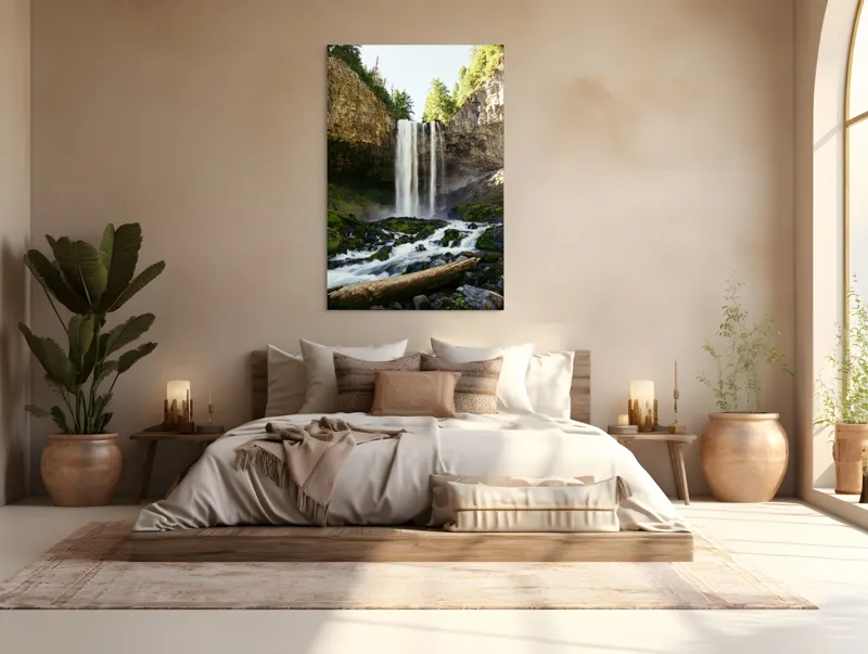 Tablou Canvas, "Cascada în inima pădurii verzi", Cascadă, Stânci, Apă, Pădure, Roci, Bușteni, Vegetație, Natură, Spectacol, Lumină, 100 x 150 cm – poza 3