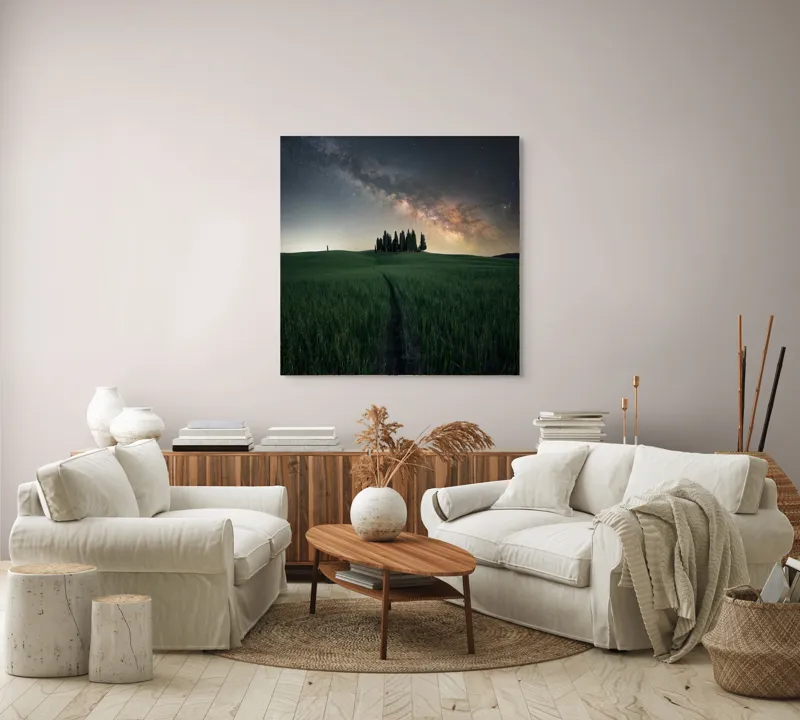 Tablou Canvas, "Cărare sub cerul înstelat", Calea-Laptelui, Copaci, Cer, Noapte, Iarbă, Peisaj, Stele, Linie, Mister, Lumină, 100 x 100 cm – poza 3