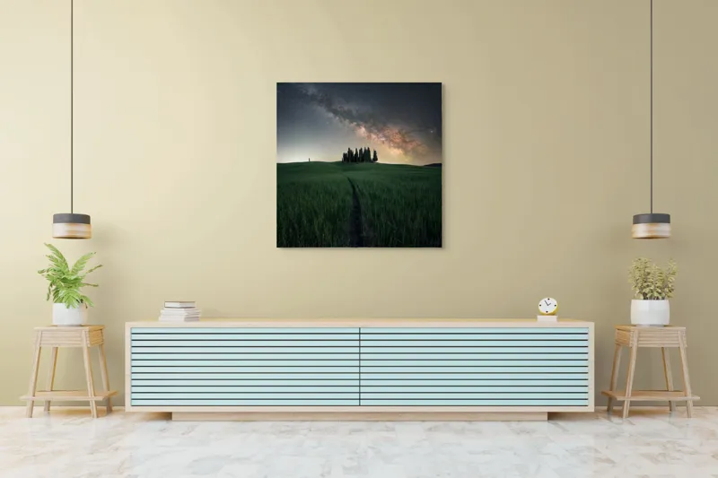 Tablou Canvas, "Cărare sub cerul înstelat", Calea-Laptelui, Copaci, Cer, Noapte, Iarbă, Peisaj, Stele, Linie, Mister, Lumină, 100 x 100 cm – poza 5
