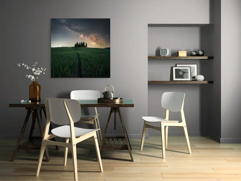 Tablou Canvas, "Cărare sub cerul înstelat", Calea-Laptelui, Copaci, Cer, Noapte, Iarbă, Peisaj, Stele, Linie, Mister, Lumină, 100 x 100 cm – poza 6