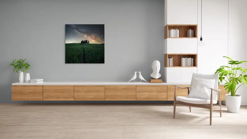 Tablou Canvas, "Cărare sub cerul înstelat", Calea-Laptelui, Copaci, Cer, Noapte, Iarbă, Peisaj, Stele, Linie, Mister, Lumină, 100 x 100 cm – poza 8