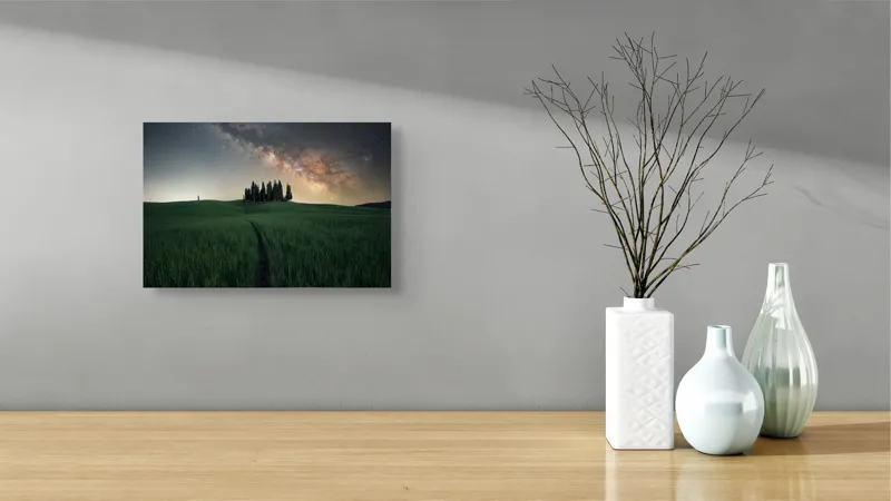 Tablou Canvas, "Cărare sub cerul înstelat", Calea-Laptelui, Copaci, Cer, Noapte, Iarbă, Peisaj, Stele, Linie, Mister, Lumină, 39 x 26 cm – poza 8