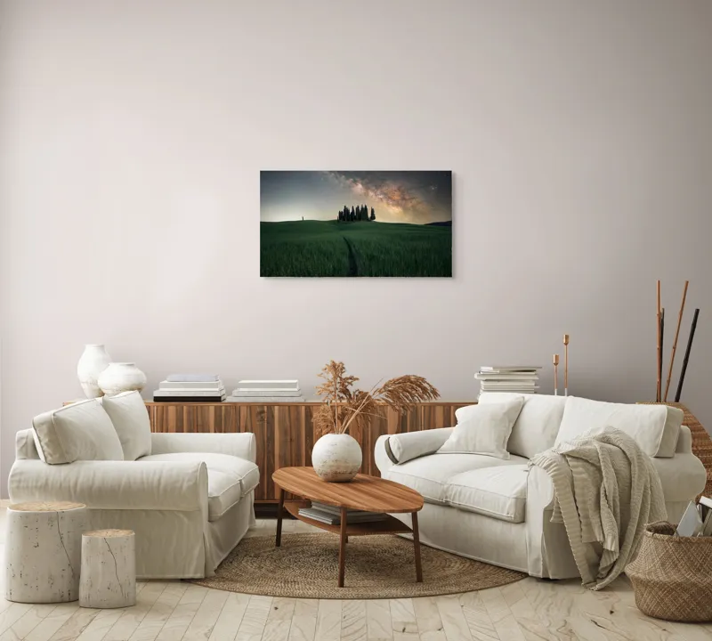 Tablou Canvas, "Cărare sub cerul înstelat", Calea-Laptelui, Copaci, Cer, Noapte, Iarbă, Peisaj, Stele, Linie, Mister, Lumină, 90 x 50 cm – poza 4
