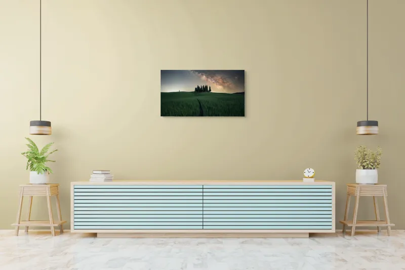 Tablou Canvas, "Cărare sub cerul înstelat", Calea-Laptelui, Copaci, Cer, Noapte, Iarbă, Peisaj, Stele, Linie, Mister, Lumină, 90 x 50 cm – poza 5