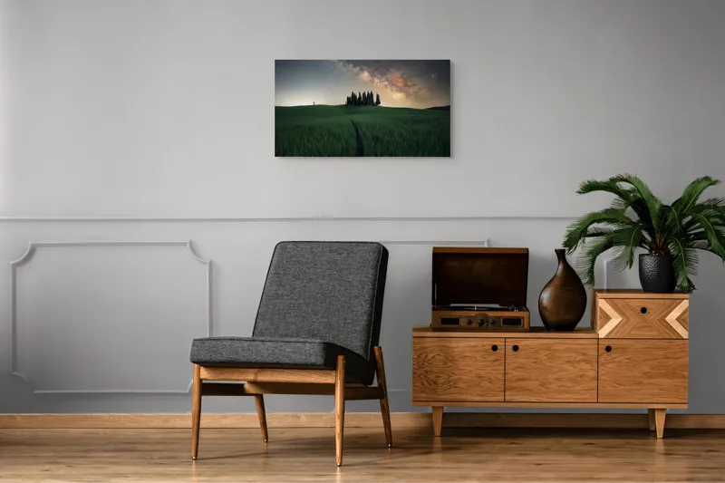 Tablou Canvas, "Cărare sub cerul înstelat", Calea-Laptelui, Copaci, Cer, Noapte, Iarbă, Peisaj, Stele, Linie, Mister, Lumină, 90 x 50 cm – poza 6