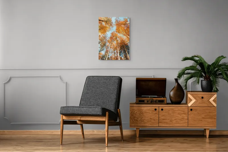 Tablou Canvas, "Încântătoarea simfonie a toamnei pădurii", Cer, Copaci, Frunze, Toamnă, Culori, Aranjament, Înălțime, Natură, Vârfuri, Aurii, 50 x 70 cm – poza 8