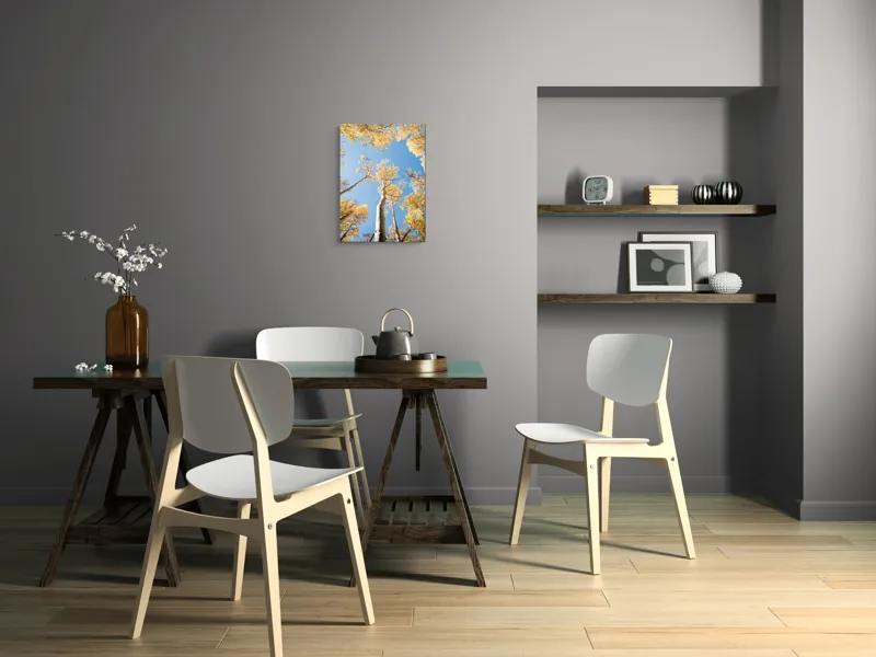 Tablou Canvas, "Dansul copacilor în lumină aurie", Regret, Natură, Serenitate, Înalt, Aur, Cer, Ramuri, Frunziș, Timp, Lumină, 39 x 54 cm – poza 7