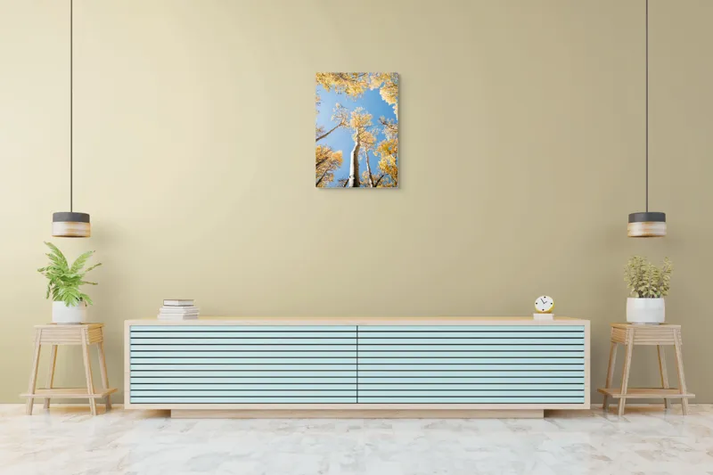 Tablou Canvas, "Dansul copacilor în lumină aurie", Regret, Natură, Serenitate, Înalt, Aur, Cer, Ramuri, Frunziș, Timp, Lumină, 50 x 70 cm – poza 6