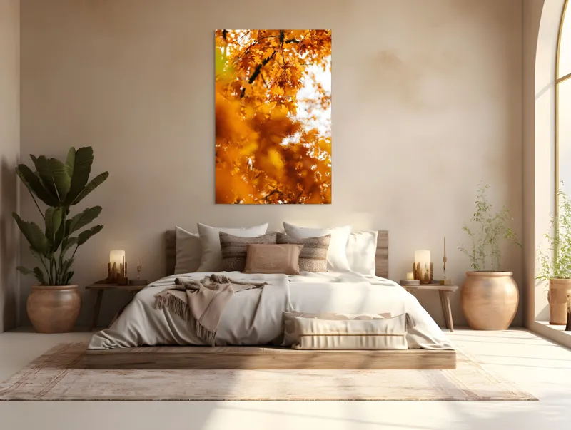 Tablou Canvas, "Culorile toamnei în frunze arămii", Frunze, Aramii, Toamnă, Ramuri, Natură, Luminozitate, Contrast, Textură, 100 x 150 cm – poza 3