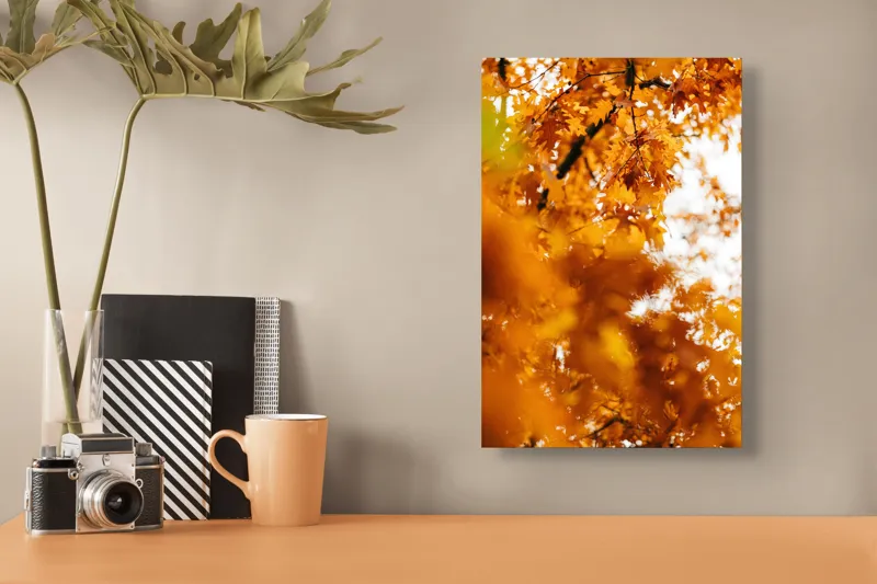 Tablou Canvas, "Culorile toamnei în frunze arămii", Frunze, Aramii, Toamnă, Ramuri, Natură, Luminozitate, Contrast, Textură, 26 x 39 cm – poza 3