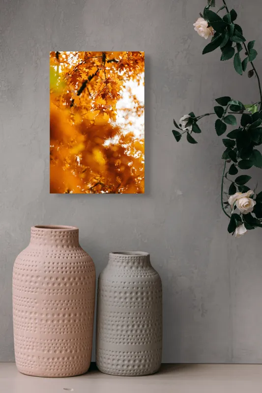 Tablou Canvas, "Culorile toamnei în frunze arămii", Frunze, Aramii, Toamnă, Ramuri, Natură, Luminozitate, Contrast, Textură, 26 x 39 cm – poza 6