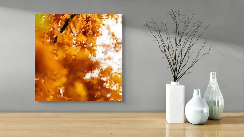 Tablou Canvas, "Culorile toamnei în frunze arămii", Frunze, Aramii, Toamnă, Ramuri, Natură, Luminozitate, Contrast, Textură, 50 x 50 cm – poza 3