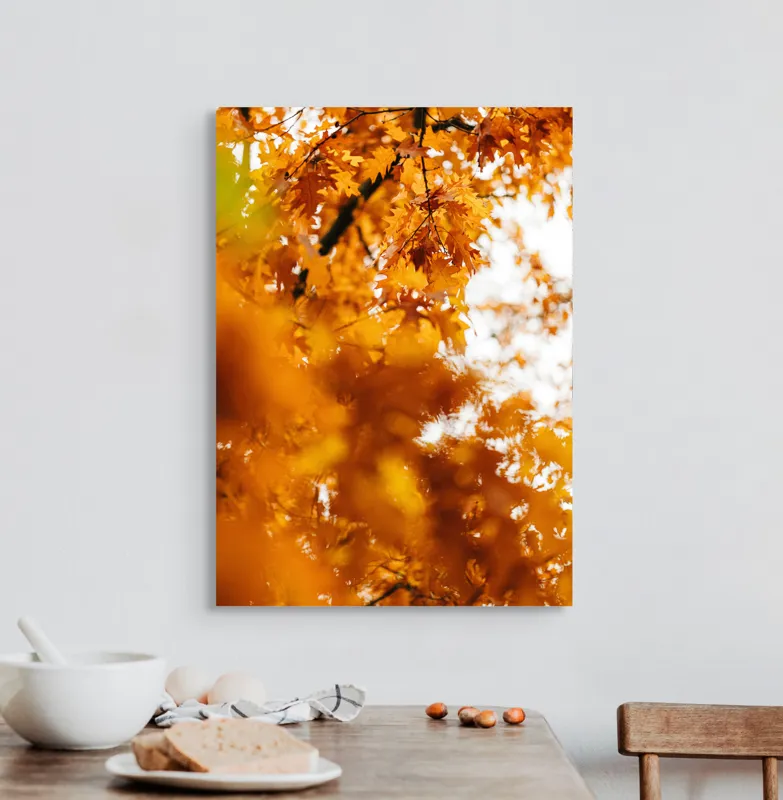 Tablou Canvas, "Culorile toamnei în frunze arămii", Frunze, Aramii, Toamnă, Ramuri, Natură, Luminozitate, Contrast, Textură, 50 x 70 cm – poza 3