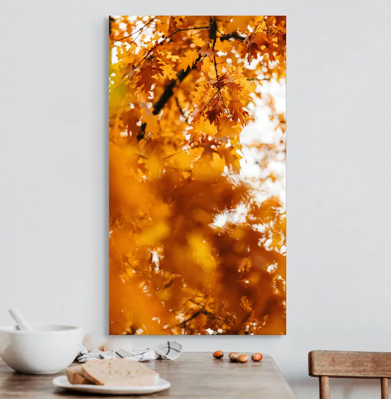 Tablou Canvas, "Culorile toamnei în frunze arămii", Frunze, Aramii, Toamnă, Ramuri, Natură, Luminozitate, Contrast, Textură, 50 x 90 cm – poza 3