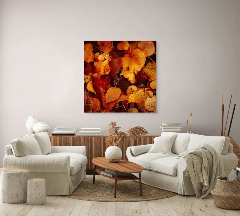 Tablou Canvas, "Covor de frunze arămii toamna", Frunze, Toamnă, Portocaliu, Galben, Textură, Natură, Căldură, Melancolie, Covor, Pământ, Umed, Organic, Sezon, Schimbare, Transformare, 100 x 100 cm – poza 3