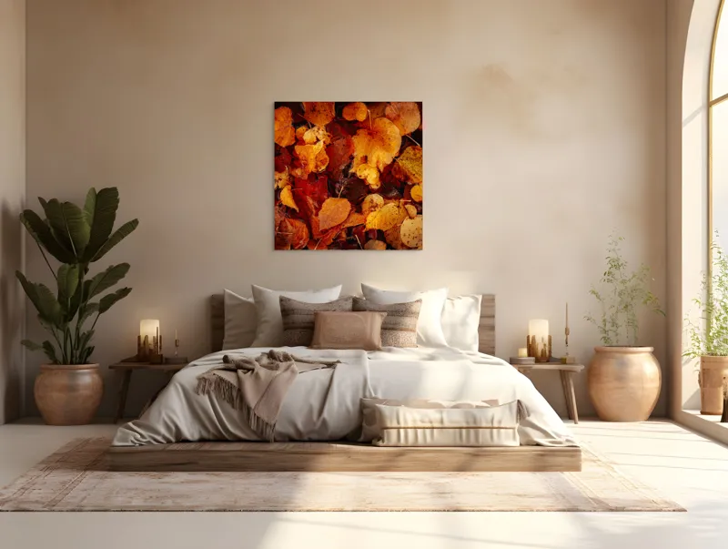 Tablou Canvas, "Covor de frunze arămii toamna", Frunze, Toamnă, Portocaliu, Galben, Textură, Natură, Căldură, Melancolie, Covor, Pământ, Umed, Organic, Sezon, Schimbare, Transformare, 100 x 100 cm – poza 4