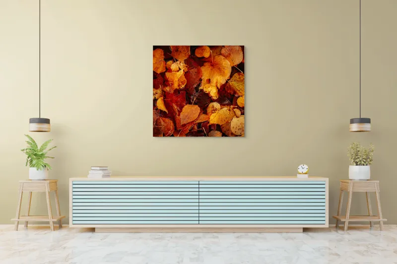 Tablou Canvas, "Covor de frunze arămii toamna", Frunze, Toamnă, Portocaliu, Galben, Textură, Natură, Căldură, Melancolie, Covor, Pământ, Umed, Organic, Sezon, Schimbare, Transformare, 100 x 100 cm – poza 5