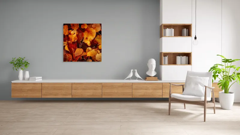 Tablou Canvas, "Covor de frunze arămii toamna", Frunze, Toamnă, Portocaliu, Galben, Textură, Natură, Căldură, Melancolie, Covor, Pământ, Umed, Organic, Sezon, Schimbare, Transformare, 100 x 100 cm – poza 8