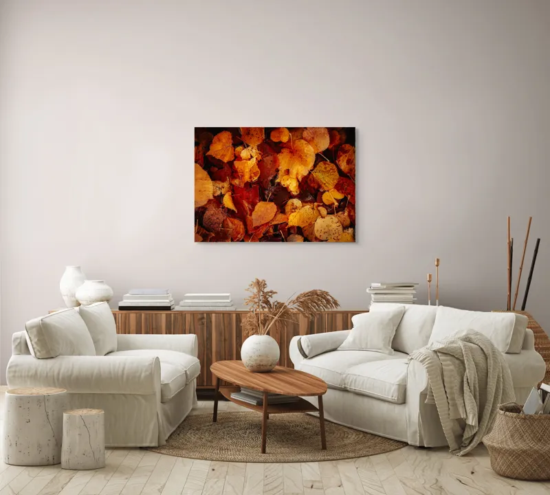Tablou Canvas, "Covor de frunze arămii toamna", Frunze, Toamnă, Portocaliu, Galben, Textură, Natură, Căldură, Melancolie, Covor, Pământ, Umed, Organic, Sezon, Schimbare, Transformare, 100 x 70 cm – poza 3