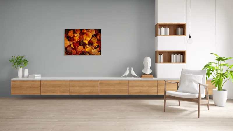 Tablou Canvas, "Covor de frunze arămii toamna", Frunze, Toamnă, Portocaliu, Galben, Textură, Natură, Căldură, Melancolie, Covor, Pământ, Umed, Organic, Sezon, Schimbare, Transformare, 100 x 70 cm – poza 6
