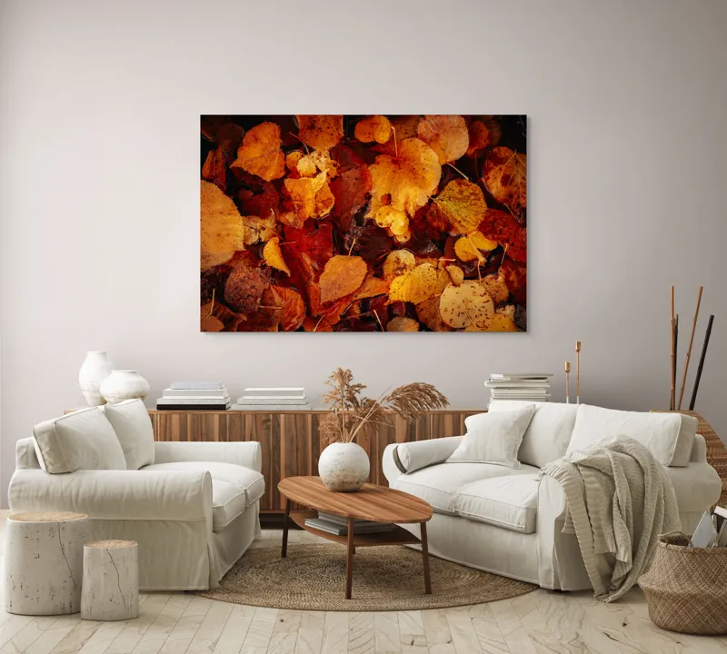 Tablou Canvas, "Covor de frunze arămii toamna", Frunze, Toamnă, Portocaliu, Galben, Textură, Natură, Căldură, Melancolie, Covor, Pământ, Umed, Organic, Sezon, Schimbare, Transformare, 150 x 100 cm – poza 3