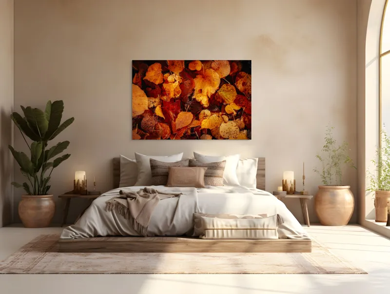 Tablou Canvas, "Covor de frunze arămii toamna", Frunze, Toamnă, Portocaliu, Galben, Textură, Natură, Căldură, Melancolie, Covor, Pământ, Umed, Organic, Sezon, Schimbare, Transformare, 150 x 100 cm – poza 4
