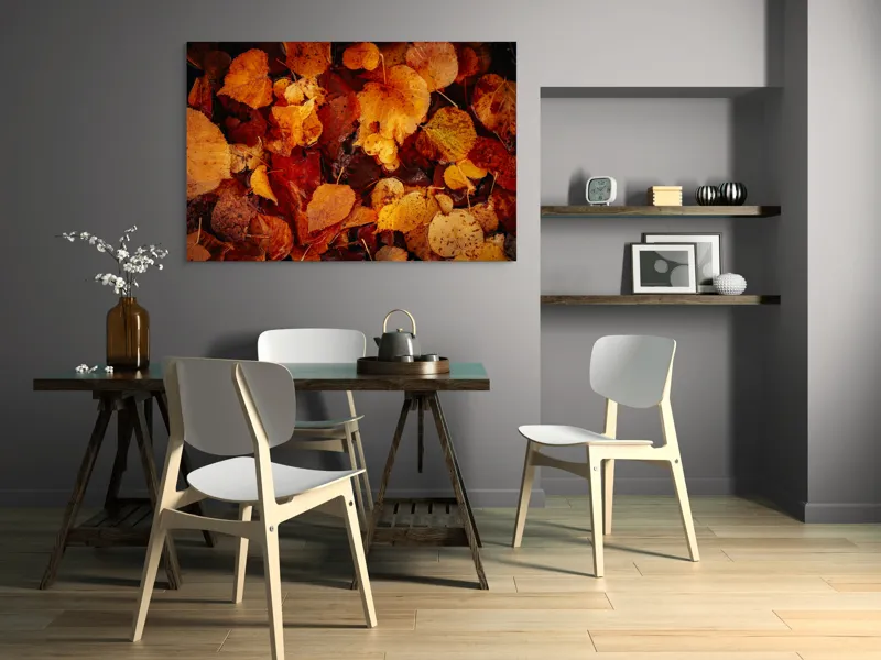 Tablou Canvas, "Covor de frunze arămii toamna", Frunze, Toamnă, Portocaliu, Galben, Textură, Natură, Căldură, Melancolie, Covor, Pământ, Umed, Organic, Sezon, Schimbare, Transformare, 150 x 100 cm – poza 5
