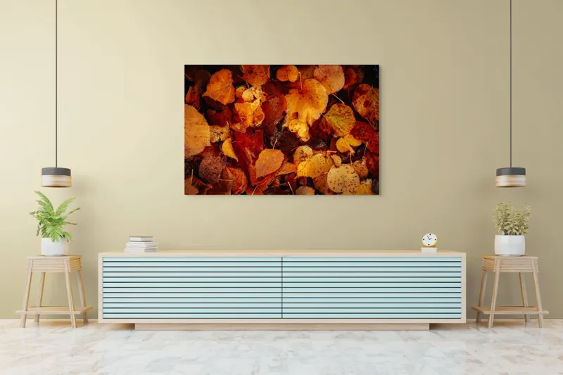 Tablou Canvas, "Covor de frunze arămii toamna", Frunze, Toamnă, Portocaliu, Galben, Textură, Natură, Căldură, Melancolie, Covor, Pământ, Umed, Organic, Sezon, Schimbare, Transformare, 150 x 100 cm – poza 6