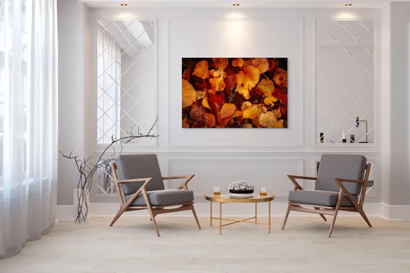 Tablou Canvas, "Covor de frunze arămii toamna", Frunze, Toamnă, Portocaliu, Galben, Textură, Natură, Căldură, Melancolie, Covor, Pământ, Umed, Organic, Sezon, Schimbare, Transformare, 150 x 100 cm – poza 7