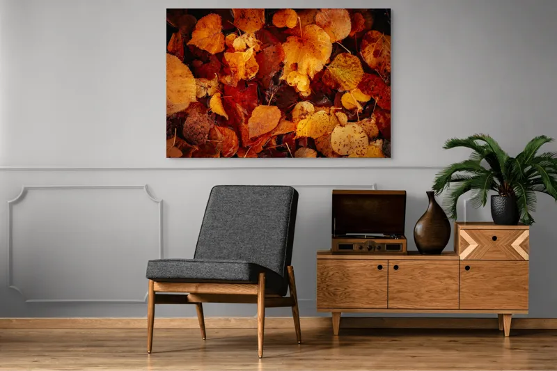Tablou Canvas, "Covor de frunze arămii toamna", Frunze, Toamnă, Portocaliu, Galben, Textură, Natură, Căldură, Melancolie, Covor, Pământ, Umed, Organic, Sezon, Schimbare, Transformare, 150 x 100 cm – poza 8