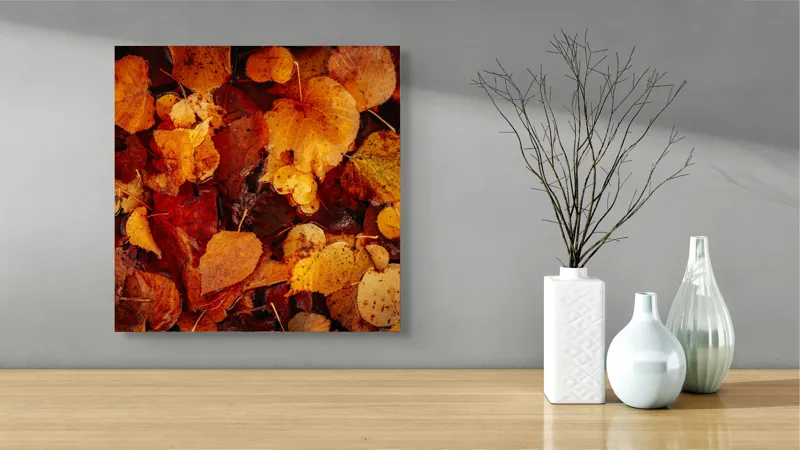 Tablou Canvas, "Covor de frunze arămii toamna", Frunze, Toamnă, Portocaliu, Galben, Textură, Natură, Căldură, Melancolie, Covor, Pământ, Umed, Organic, Sezon, Schimbare, Transformare, 50 x 50 cm – poza 3