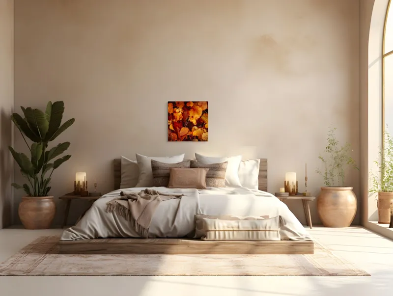 Tablou Canvas, "Covor de frunze arămii toamna", Frunze, Toamnă, Portocaliu, Galben, Textură, Natură, Căldură, Melancolie, Covor, Pământ, Umed, Organic, Sezon, Schimbare, Transformare, 50 x 50 cm – poza 5