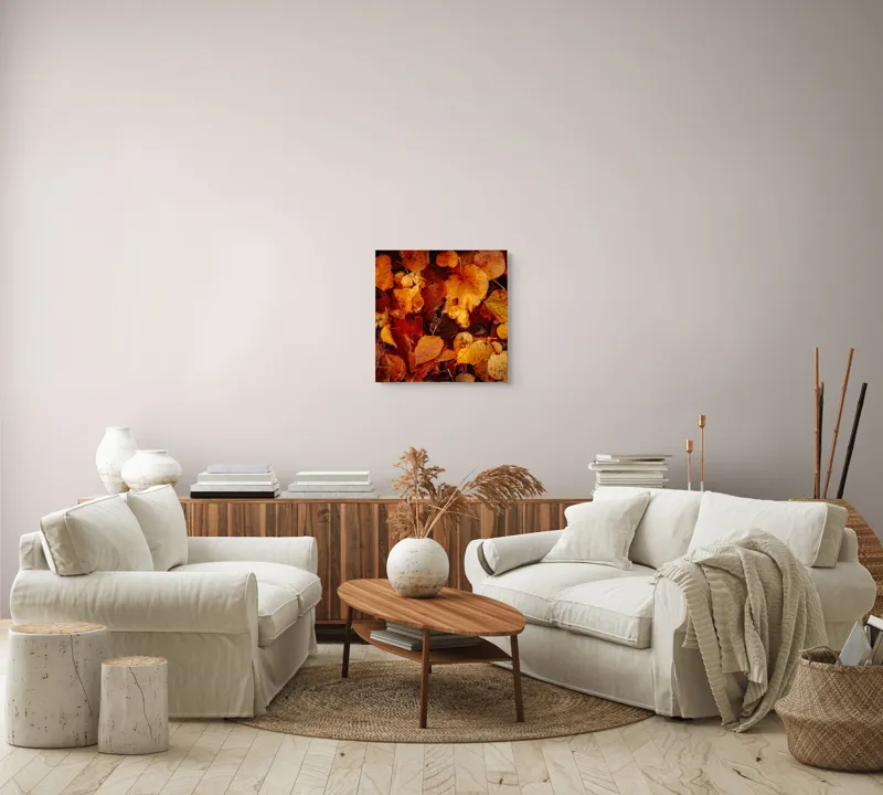 Tablou Canvas, "Covor de frunze arămii toamna", Frunze, Toamnă, Portocaliu, Galben, Textură, Natură, Căldură, Melancolie, Covor, Pământ, Umed, Organic, Sezon, Schimbare, Transformare, 50 x 50 cm – poza 7