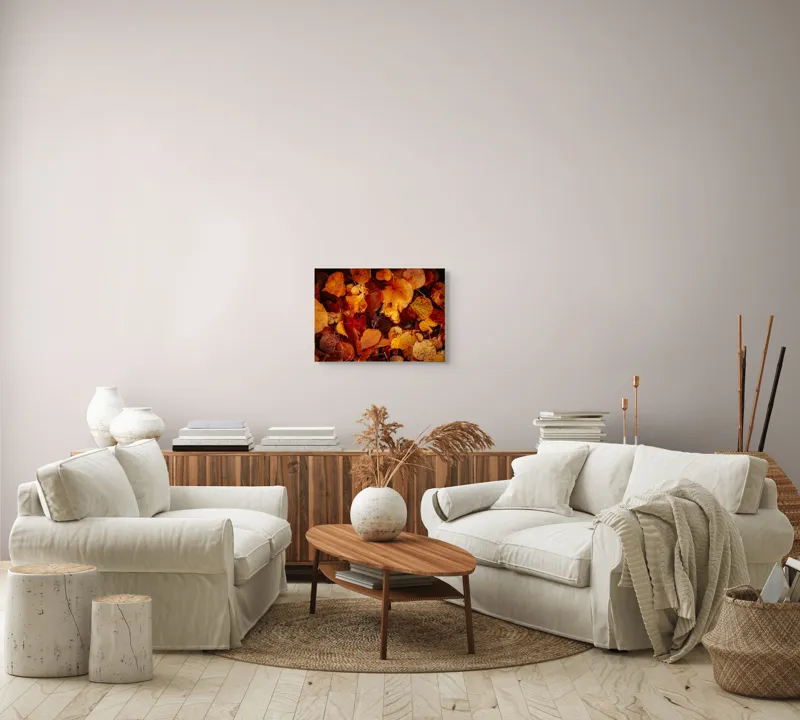 Tablou Canvas, "Covor de frunze arămii toamna", Frunze, Toamnă, Portocaliu, Galben, Textură, Natură, Căldură, Melancolie, Covor, Pământ, Umed, Organic, Sezon, Schimbare, Transformare, 54 x 39 cm – poza 5