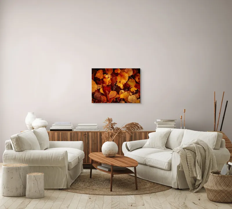 Tablou Canvas, "Covor de frunze arămii toamna", Frunze, Toamnă, Portocaliu, Galben, Textură, Natură, Căldură, Melancolie, Covor, Pământ, Umed, Organic, Sezon, Schimbare, Transformare, 70 x 50 cm – poza 6