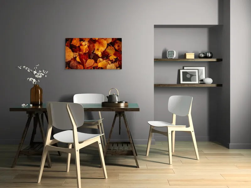 Tablou Canvas, "Covor de frunze arămii toamna", Frunze, Toamnă, Portocaliu, Galben, Textură, Natură, Căldură, Melancolie, Covor, Pământ, Umed, Organic, Sezon, Schimbare, Transformare, 90 x 50 cm – poza 3