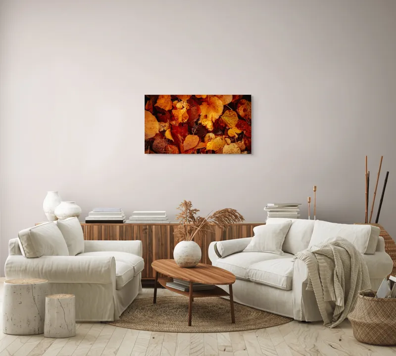 Tablou Canvas, "Covor de frunze arămii toamna", Frunze, Toamnă, Portocaliu, Galben, Textură, Natură, Căldură, Melancolie, Covor, Pământ, Umed, Organic, Sezon, Schimbare, Transformare, 90 x 50 cm – poza 4