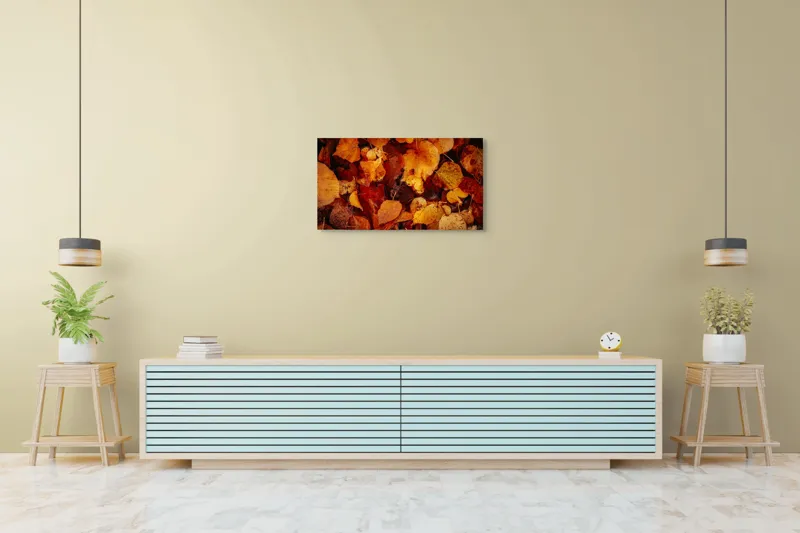 Tablou Canvas, "Covor de frunze arămii toamna", Frunze, Toamnă, Portocaliu, Galben, Textură, Natură, Căldură, Melancolie, Covor, Pământ, Umed, Organic, Sezon, Schimbare, Transformare, 90 x 50 cm – poza 5