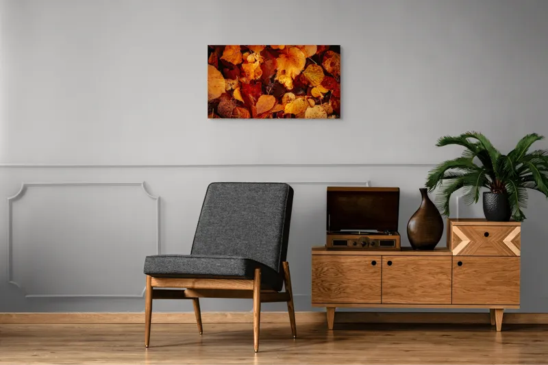 Tablou Canvas, "Covor de frunze arămii toamna", Frunze, Toamnă, Portocaliu, Galben, Textură, Natură, Căldură, Melancolie, Covor, Pământ, Umed, Organic, Sezon, Schimbare, Transformare, 90 x 50 cm – poza 6