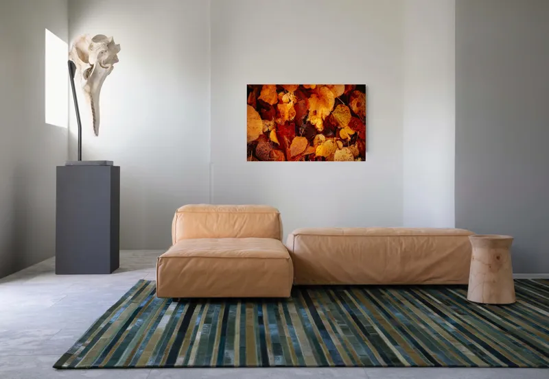 Tablou Canvas, "Covor de frunze arămii toamna", Frunze, Toamnă, Portocaliu, Galben, Textură, Natură, Căldură, Melancolie, Covor, Pământ, Umed, Organic, Sezon, Schimbare, Transformare, 90 x 50 cm – poza 8