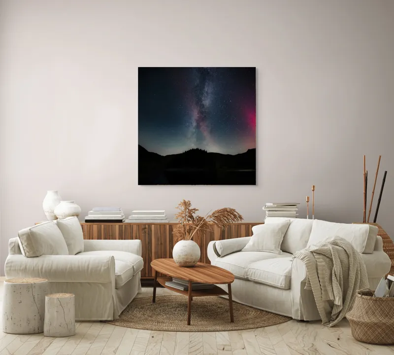 Tablou Canvas, "Calea Lactee deasupra lacului liniștit", Stele, Galaxie, Reflecție, Noapte, Peisaj, Siluetă, Mister, Vastitate, Liniște, Cosmos, 100 x 100 cm – poza 3