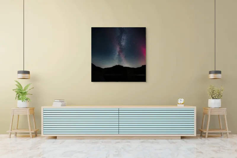 Tablou Canvas, "Calea Lactee deasupra lacului liniștit", Stele, Galaxie, Reflecție, Noapte, Peisaj, Siluetă, Mister, Vastitate, Liniște, Cosmos, 100 x 100 cm – poza 5
