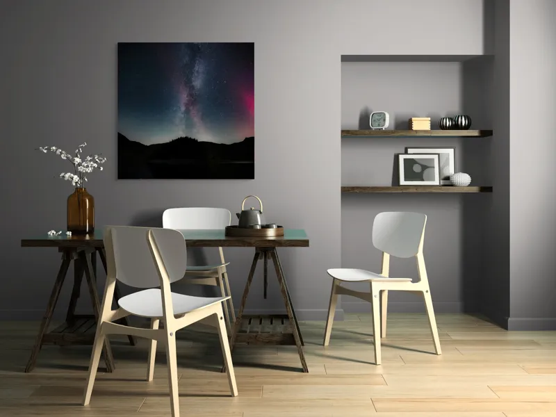 Tablou Canvas, "Calea Lactee deasupra lacului liniștit", Stele, Galaxie, Reflecție, Noapte, Peisaj, Siluetă, Mister, Vastitate, Liniște, Cosmos, 100 x 100 cm – poza 6