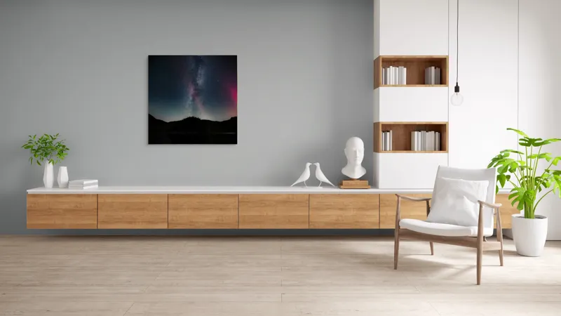 Tablou Canvas, "Calea Lactee deasupra lacului liniștit", Stele, Galaxie, Reflecție, Noapte, Peisaj, Siluetă, Mister, Vastitate, Liniște, Cosmos, 100 x 100 cm – poza 8